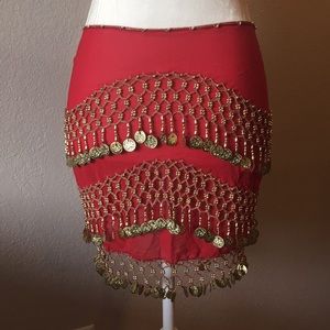 Red and gold hip scarf coin belt